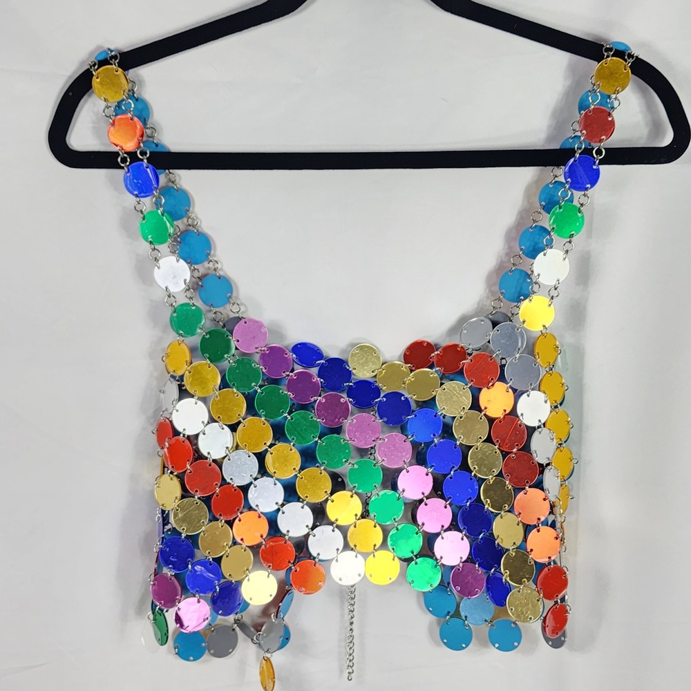 Rainbow Sequin Disc Silver Chain Adjustable Crop … - image 1